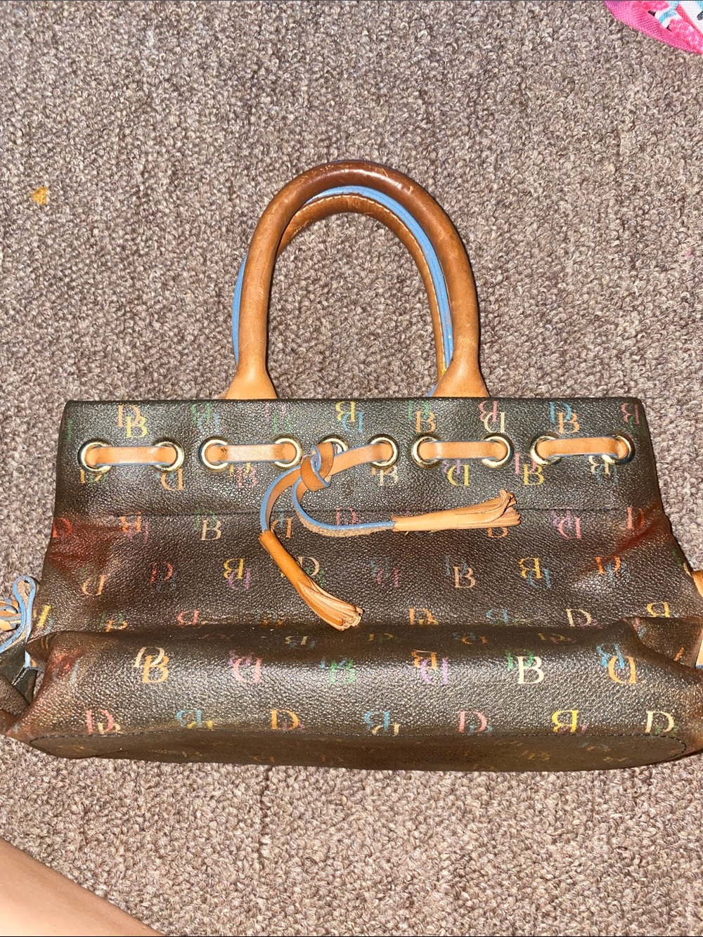 Dooney & Bourke Brown Multicolor Monogram Satchel with Tan Trim